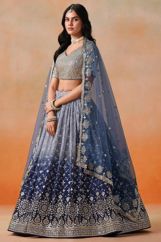 Blue Sequin Georgette Lehenga