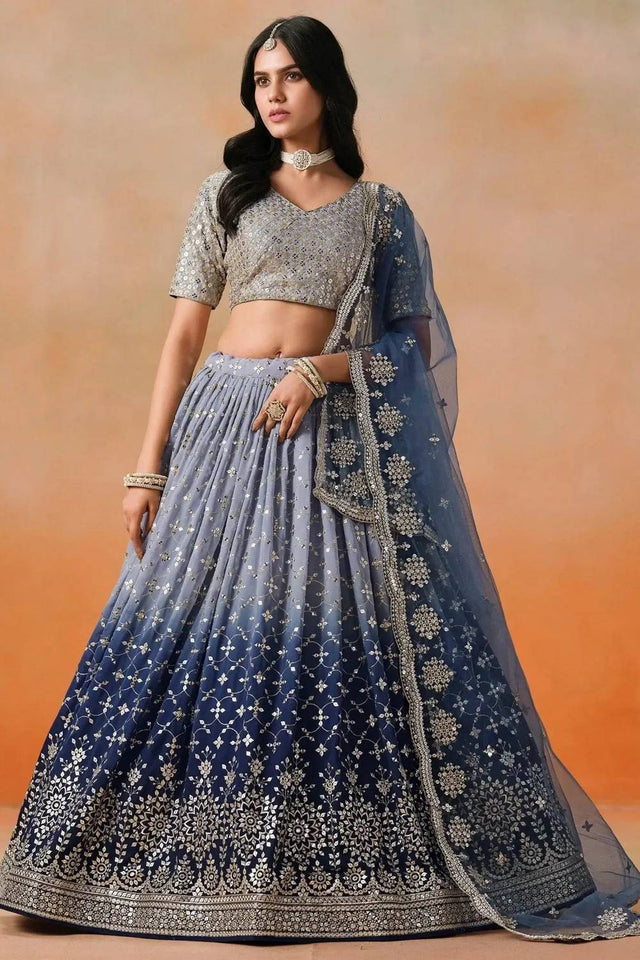 Blue Sequin Georgette Lehenga