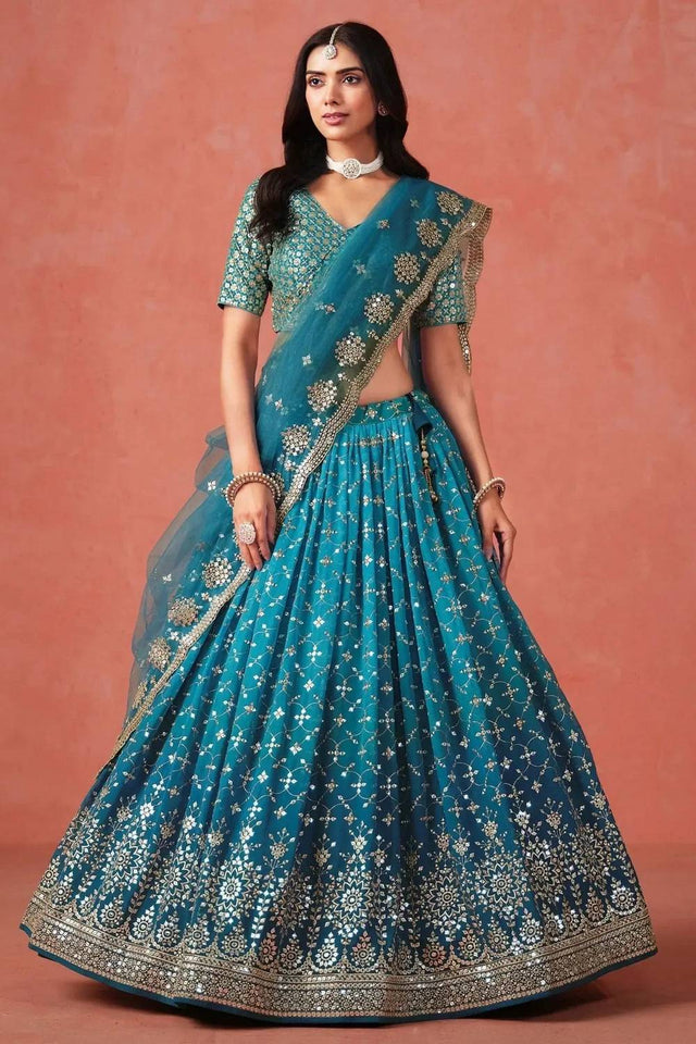 Blue Sequin Georgette Lehenga