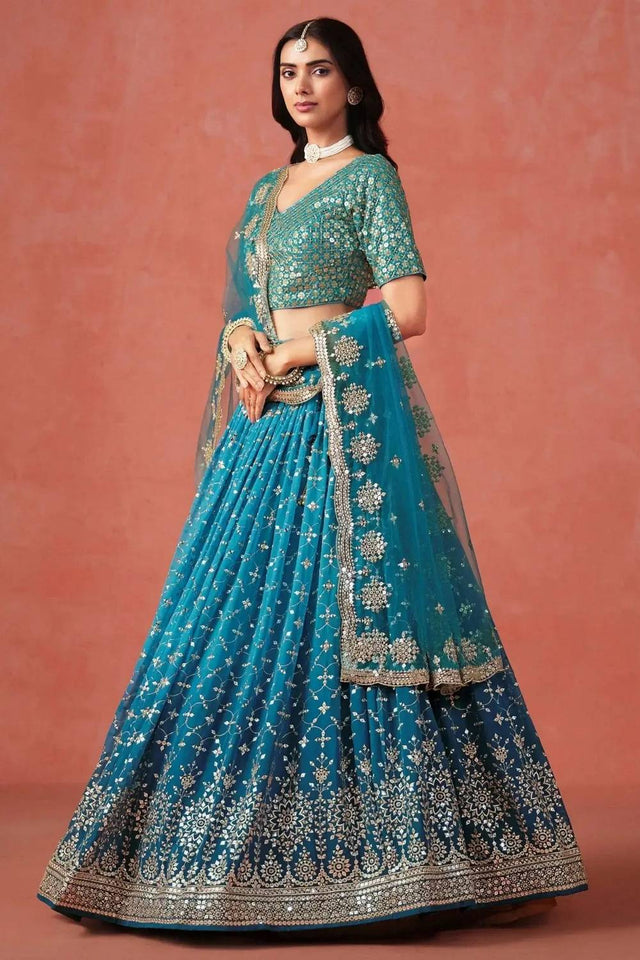 Blue Sequin Georgette Lehenga