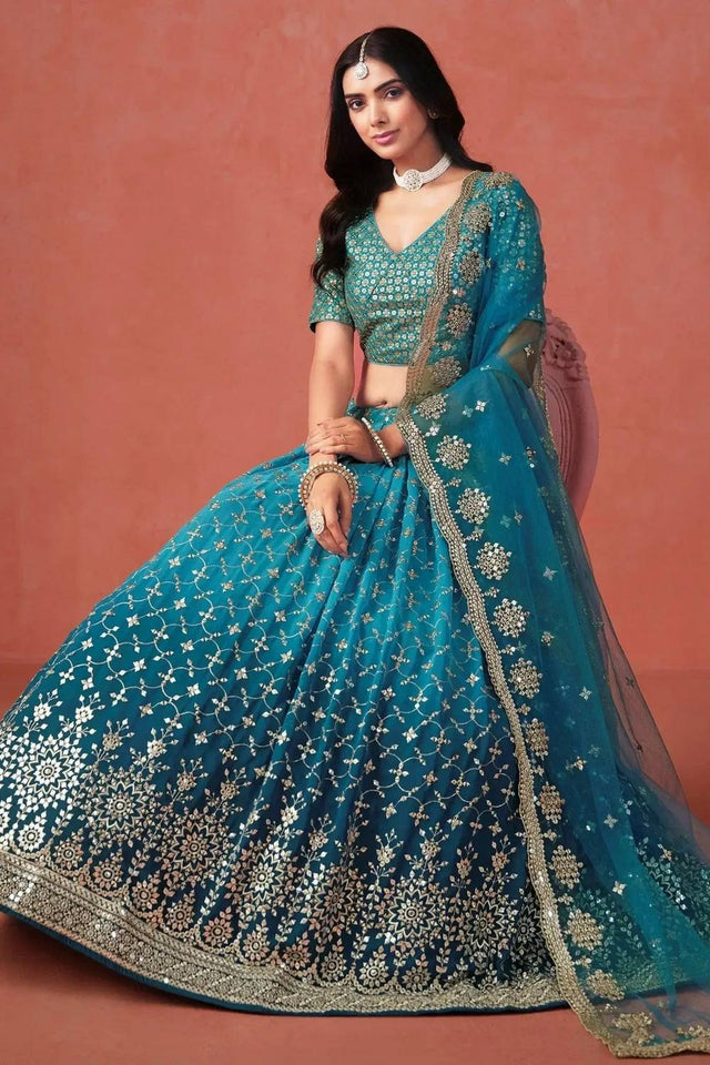 Blue Sequin Georgette Lehenga