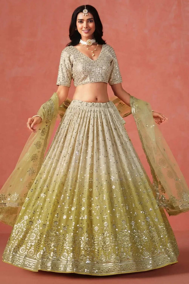 Yellow Sequin Georgette Lehenga