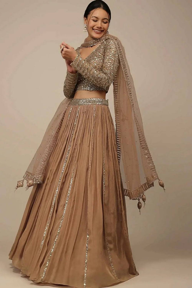 Beige Solid Georgette Lehenga