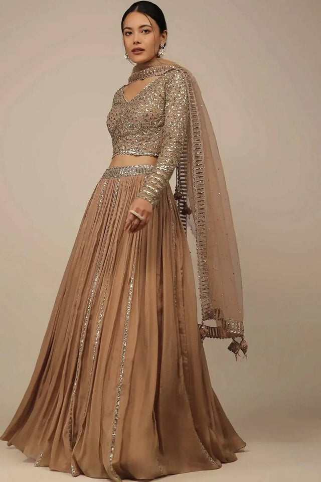 Beige Solid Georgette Lehenga