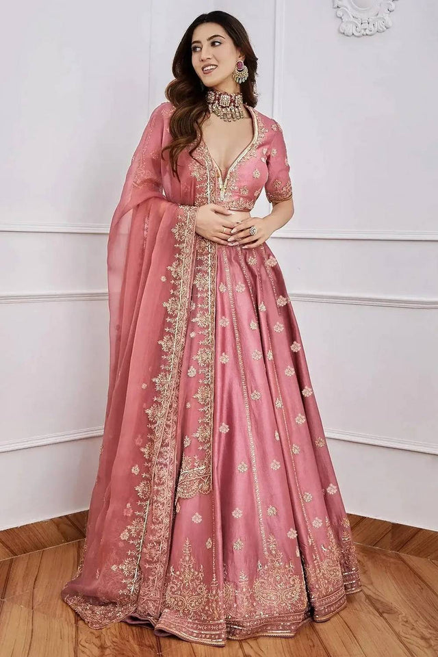 Pink Floral Embroidered Silk Lehenga