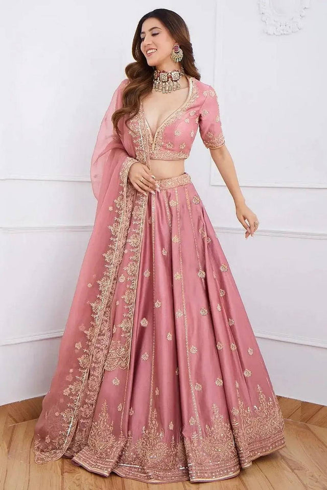 Pink Floral Embroidered Silk Lehenga