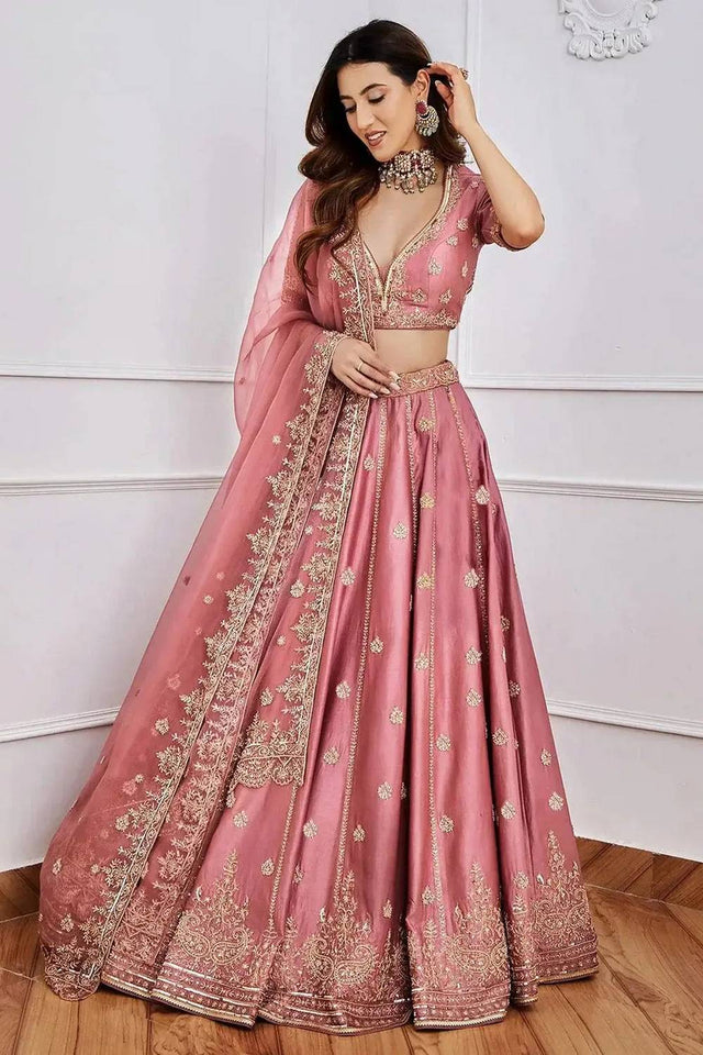 Pink Floral Embroidered Silk Lehenga