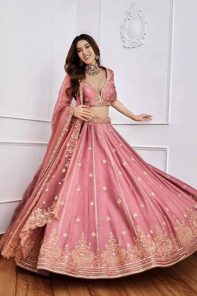 Pink Floral Embroidered Silk Lehenga