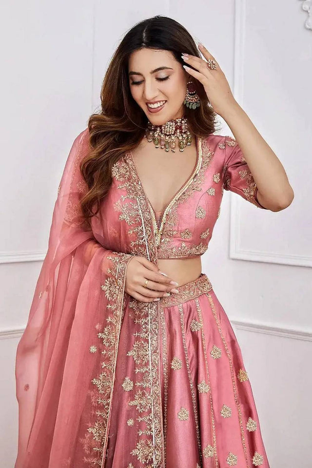 Pink Floral Embroidered Silk Lehenga