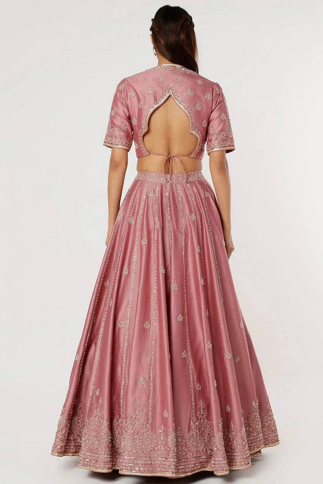Pink Floral Embroidered Silk Lehenga