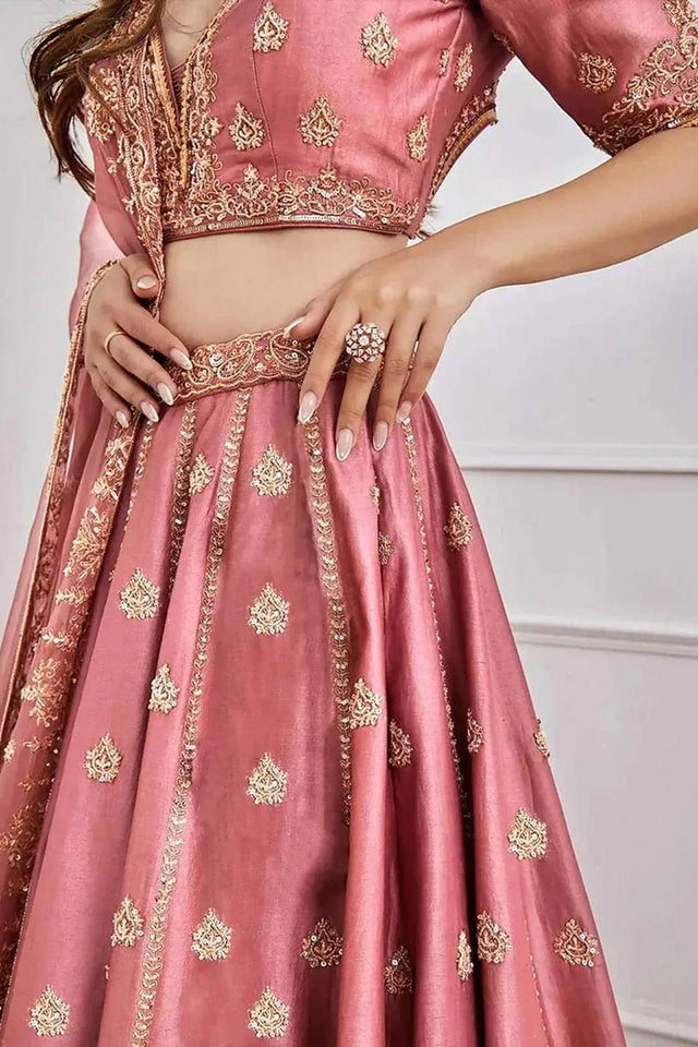 Pink Floral Embroidered Silk Lehenga