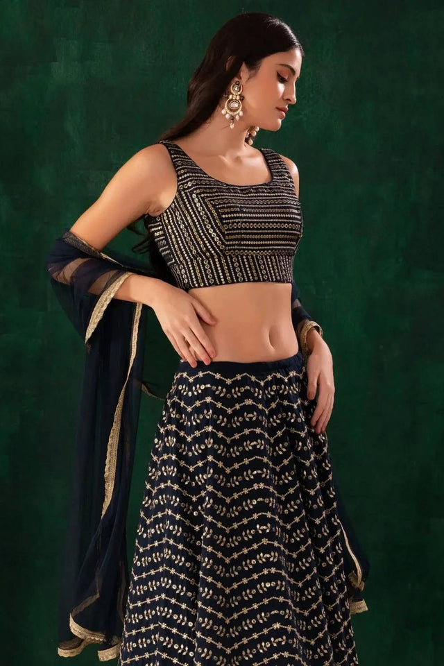 Navy Blue Floral Embroidered Georgette Lehenga