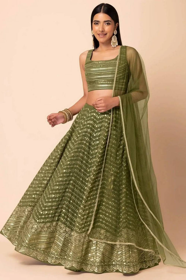Green Floral Embroidered Georgette Lehenga