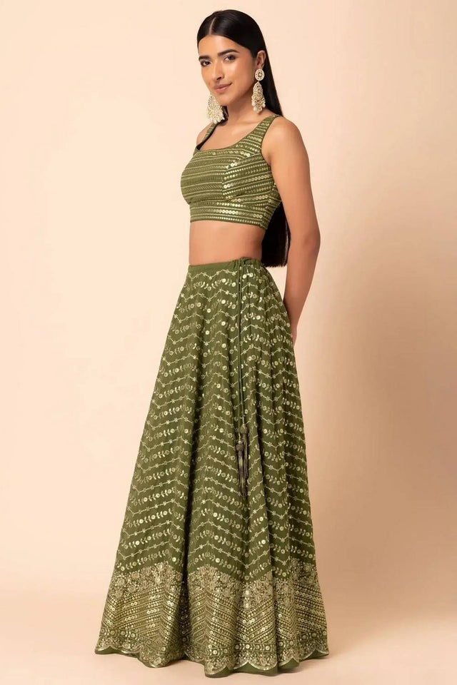 Green Floral Embroidered Georgette Lehenga