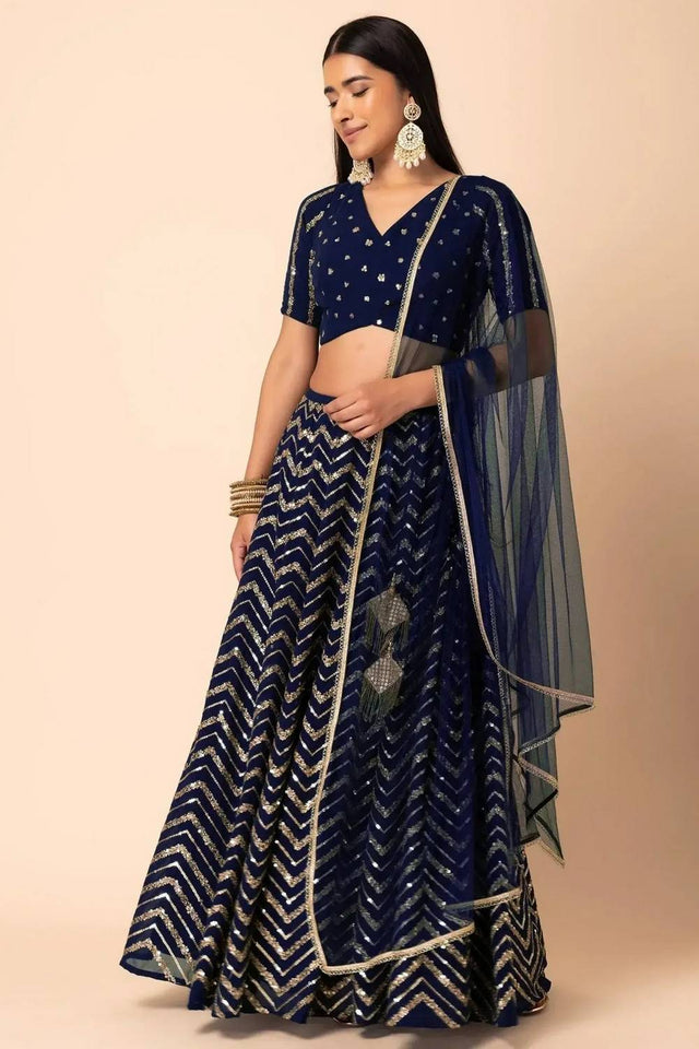Navy Blue Sequin Georgette Lehenga