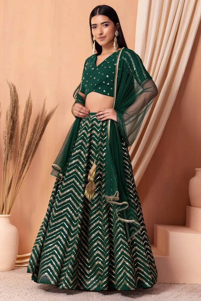 Green Sequin Georgette Lehenga