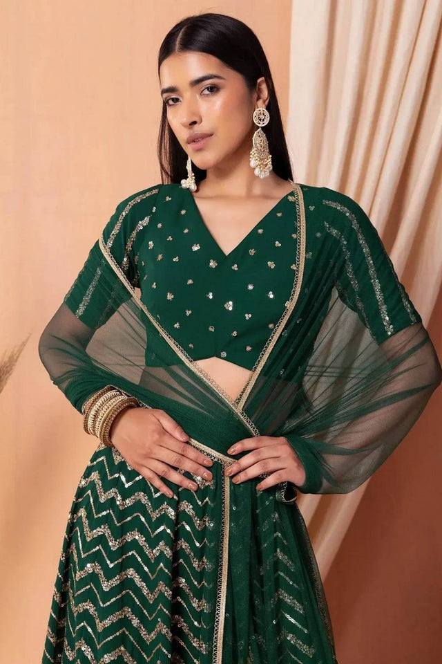 Green Sequin Georgette Lehenga
