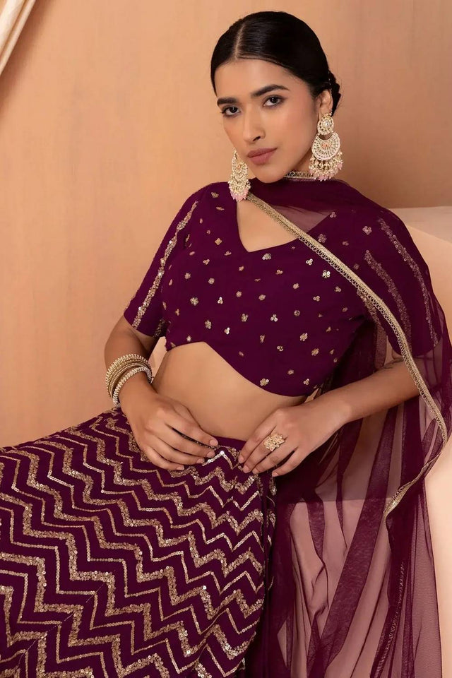 Maroon Sequin Georgette Lehenga