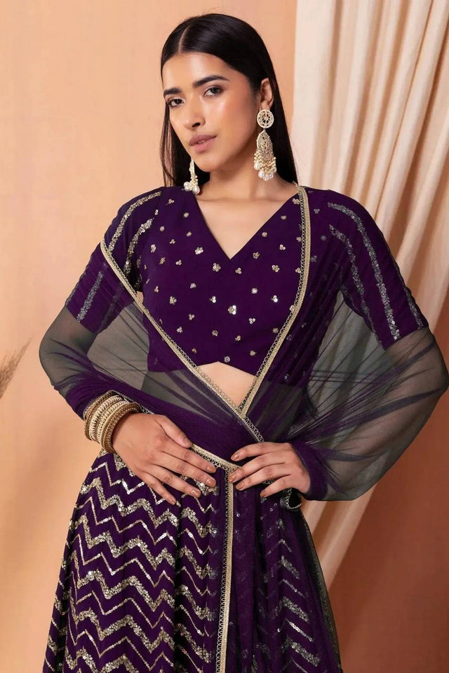 Violet Sequin Georgette Lehenga