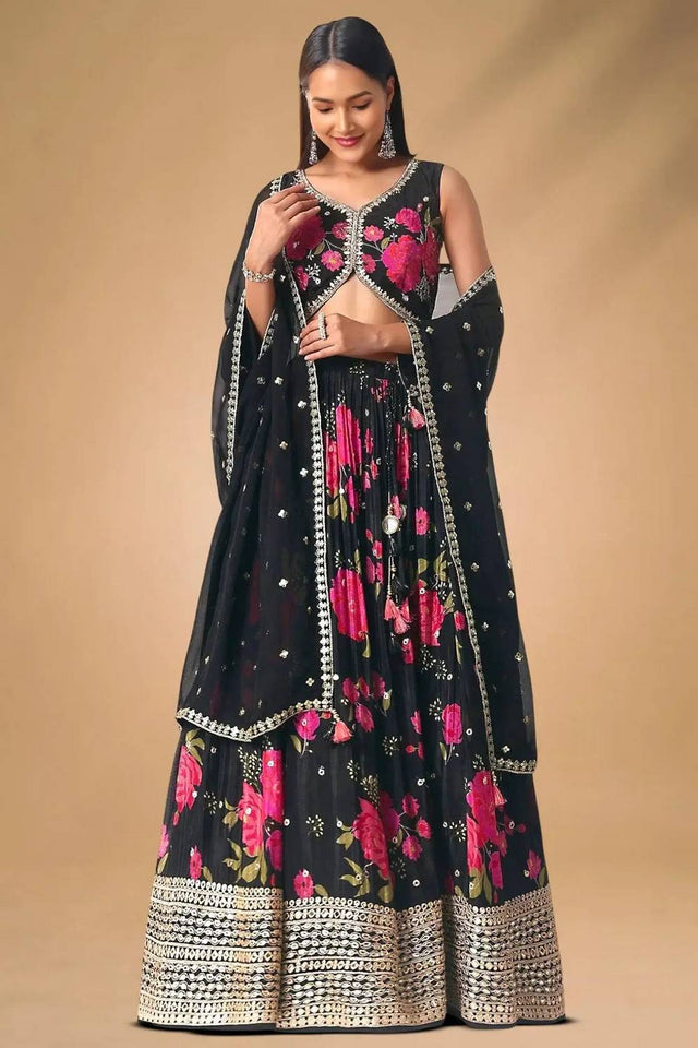 Black Floral Printed Chinon Lehenga