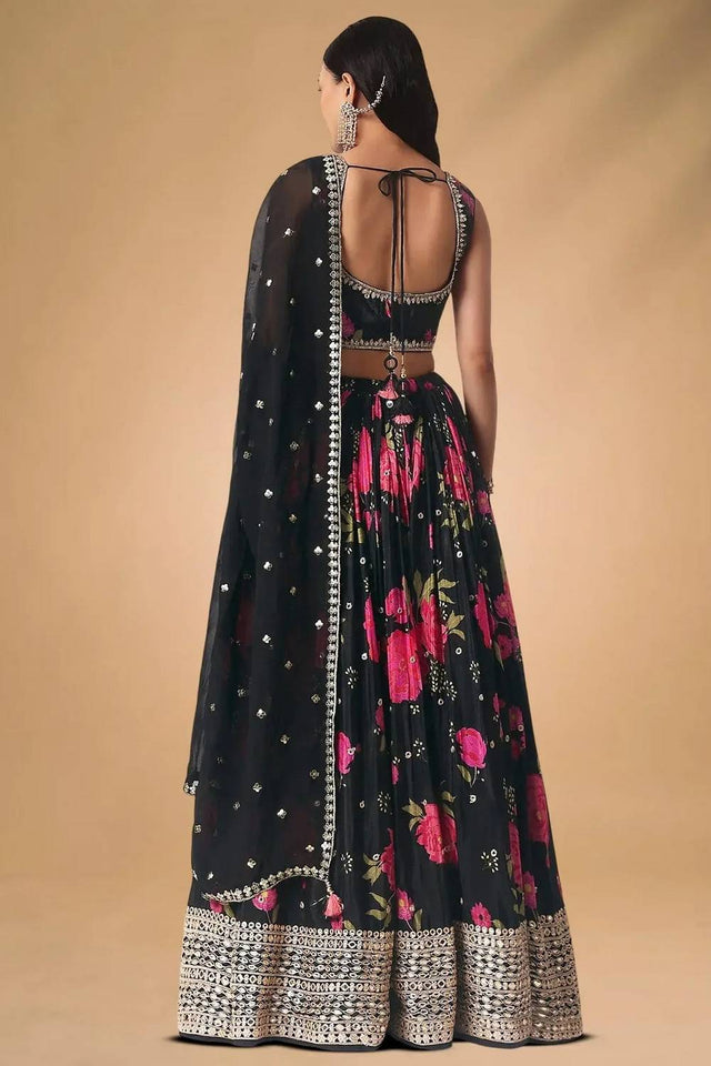 Black Floral Printed Chinon Lehenga