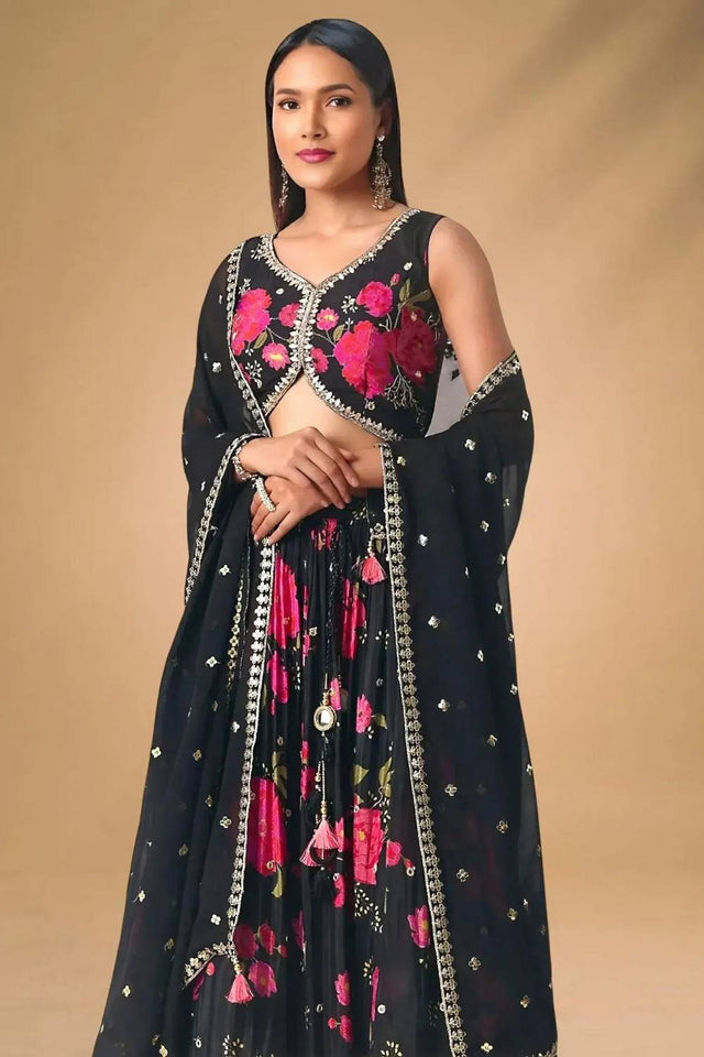 Black Floral Printed Chinon Lehenga