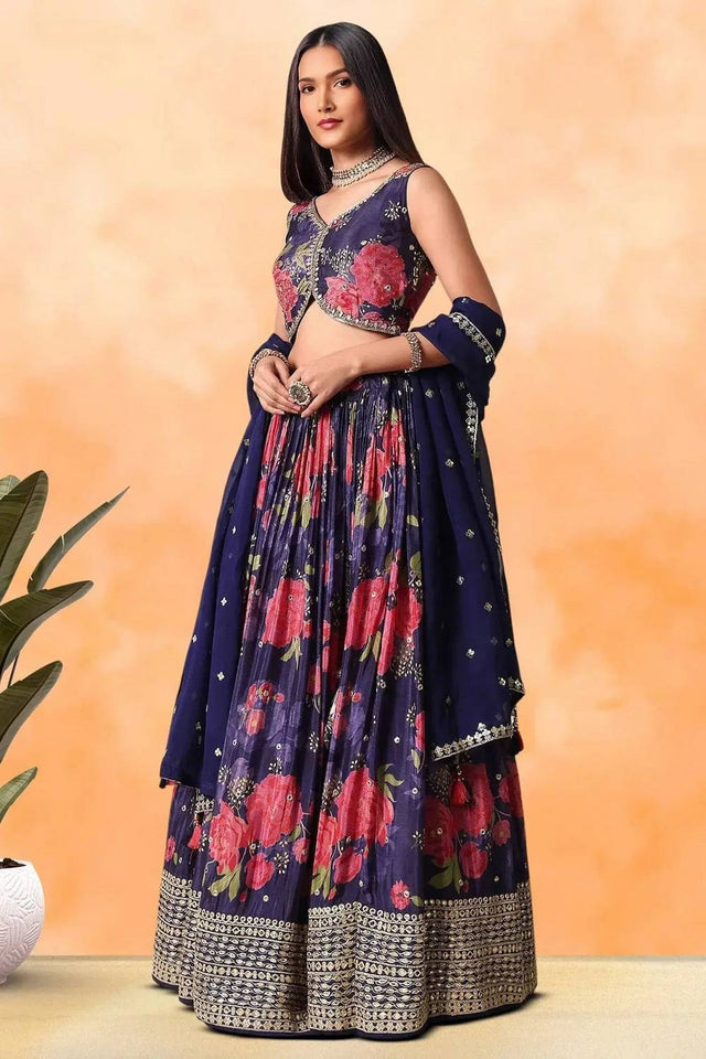 Violet Floral Printed Chinon Lehenga