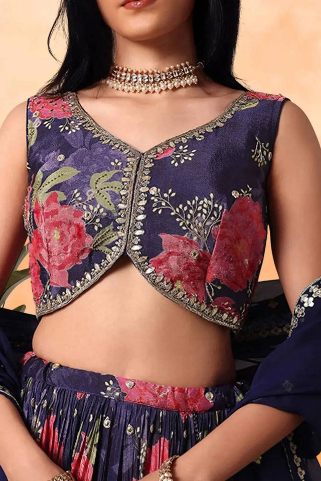 Violet Floral Printed Chinon Lehenga