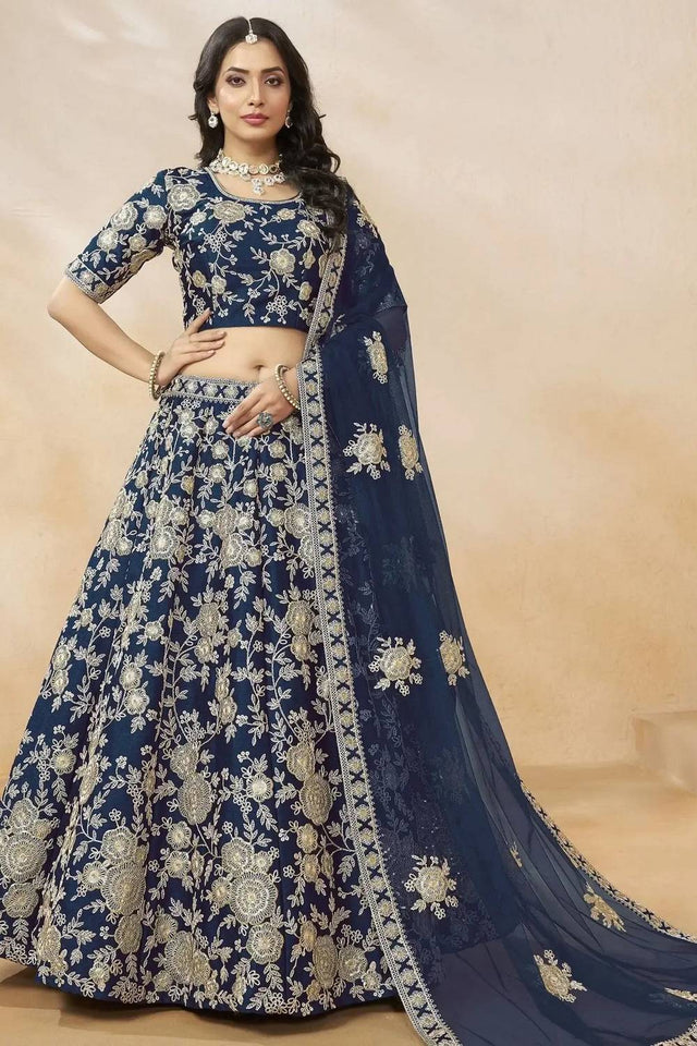 Navy Blue Floral Embroidered Silk Lehenga