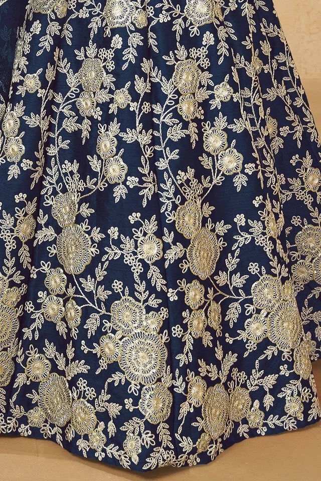 Navy Blue Floral Embroidered Silk Lehenga