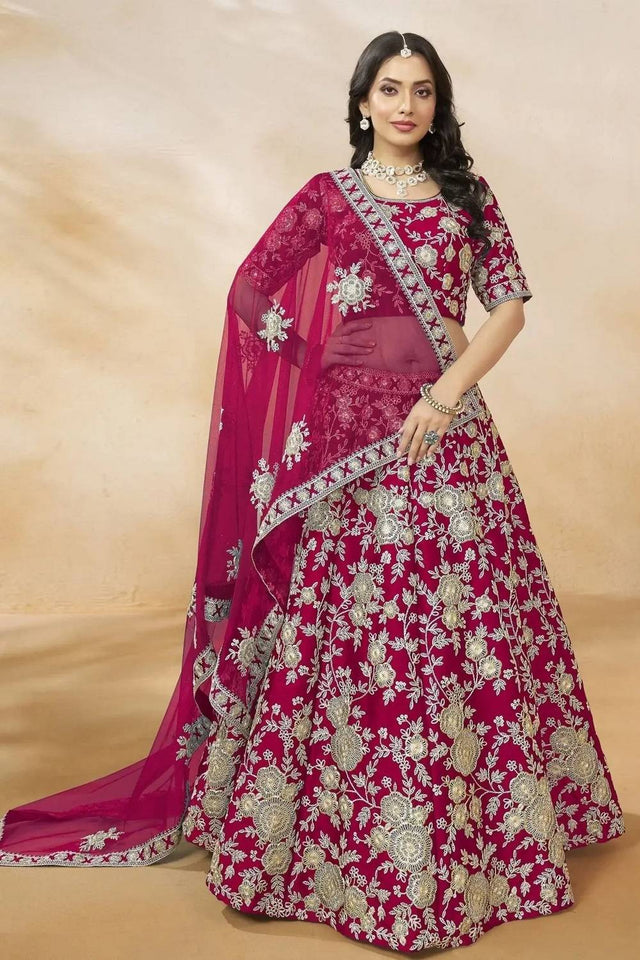 Pink Floral Embroidered Silk Lehenga