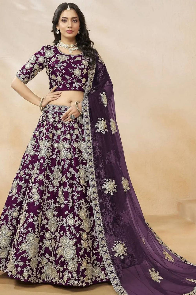 Violet Floral Embroidered Silk Lehenga