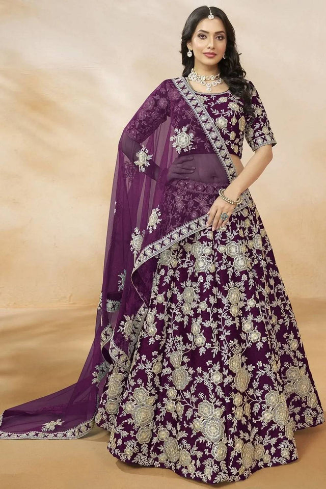 Violet Floral Embroidered Silk Lehenga