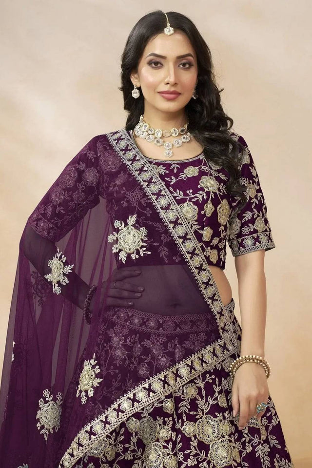 Violet Floral Embroidered Silk Lehenga
