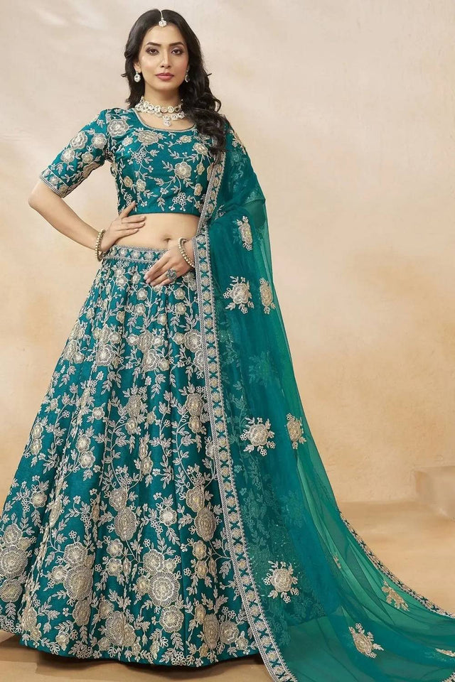 Green Floral Embroidered Silk Lehenga