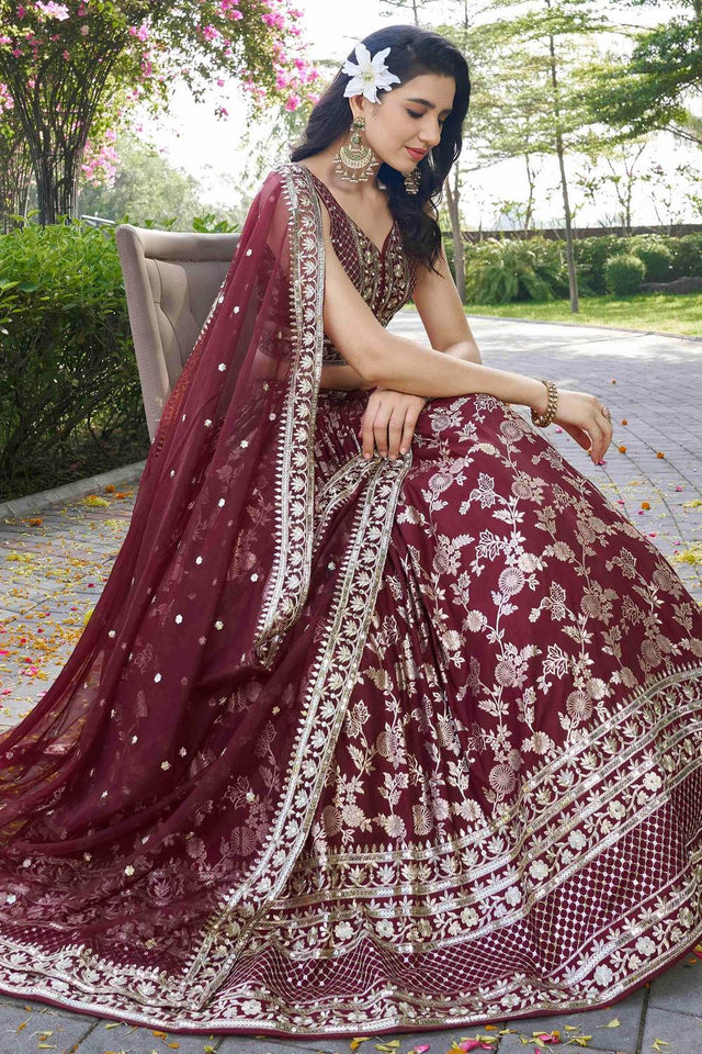 Maroon Banarasi Silk Lehenga