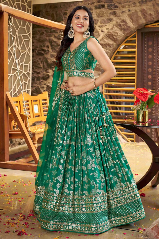 Green Banarasi Silk Lehenga