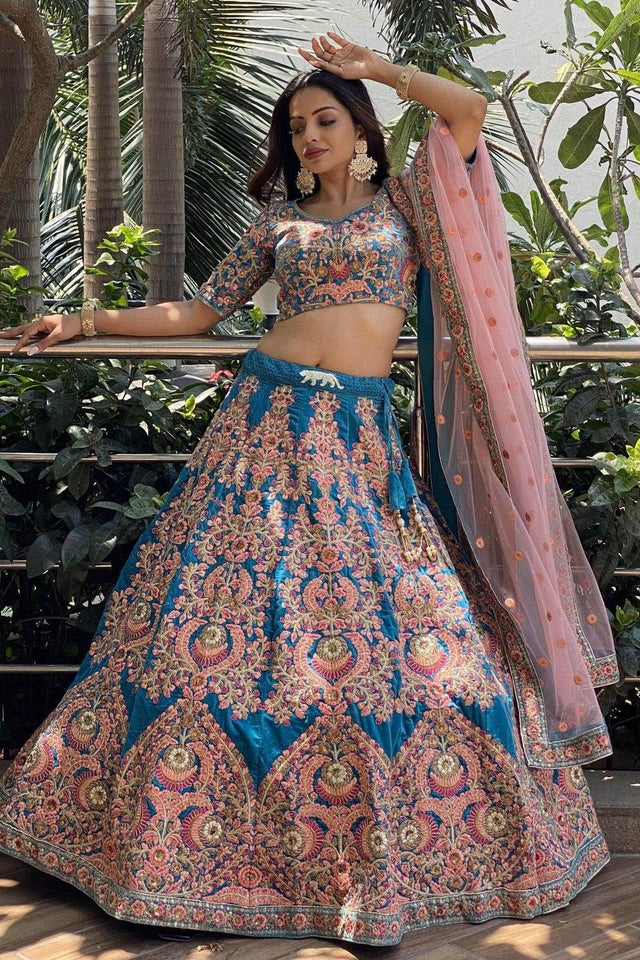 Blue Banarasi Velvet Lehenga