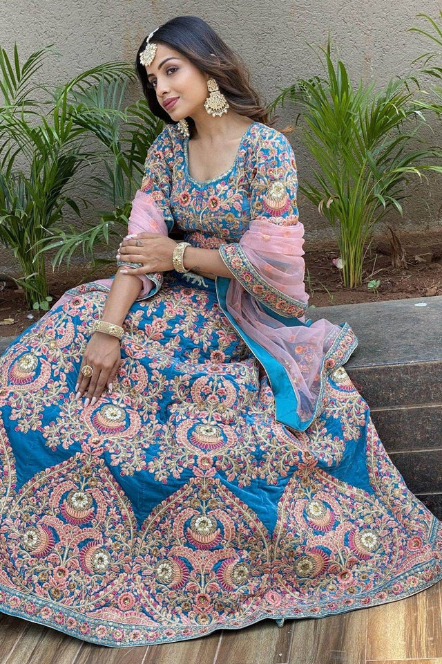Blue Banarasi Velvet Lehenga