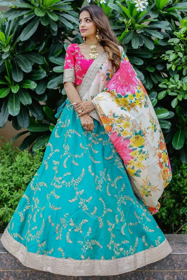 Green Banarasi Silk Lehenga