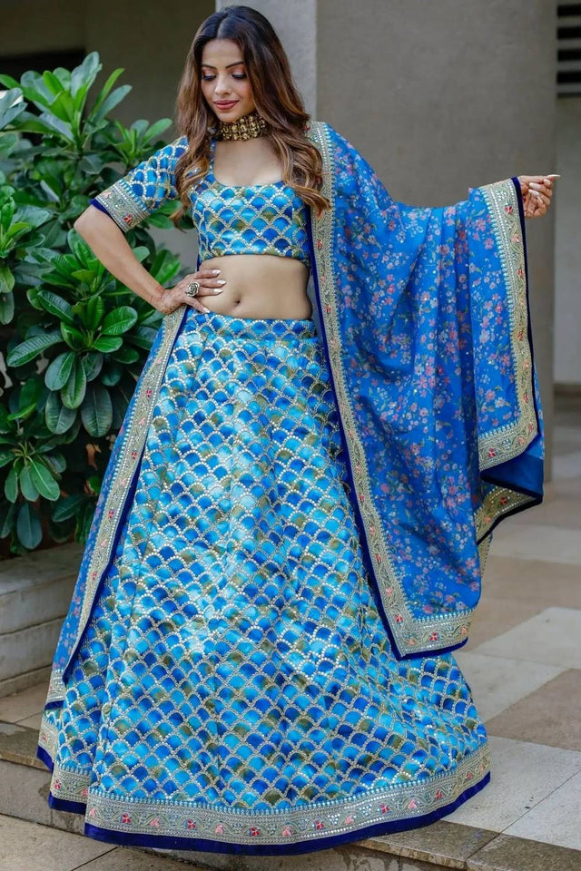 Blue Banarasi Silk Lehenga