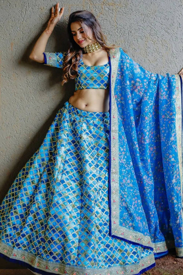 Blue Banarasi Silk Lehenga