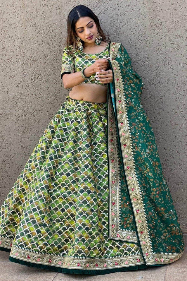 Green Banarasi Silk Lehenga