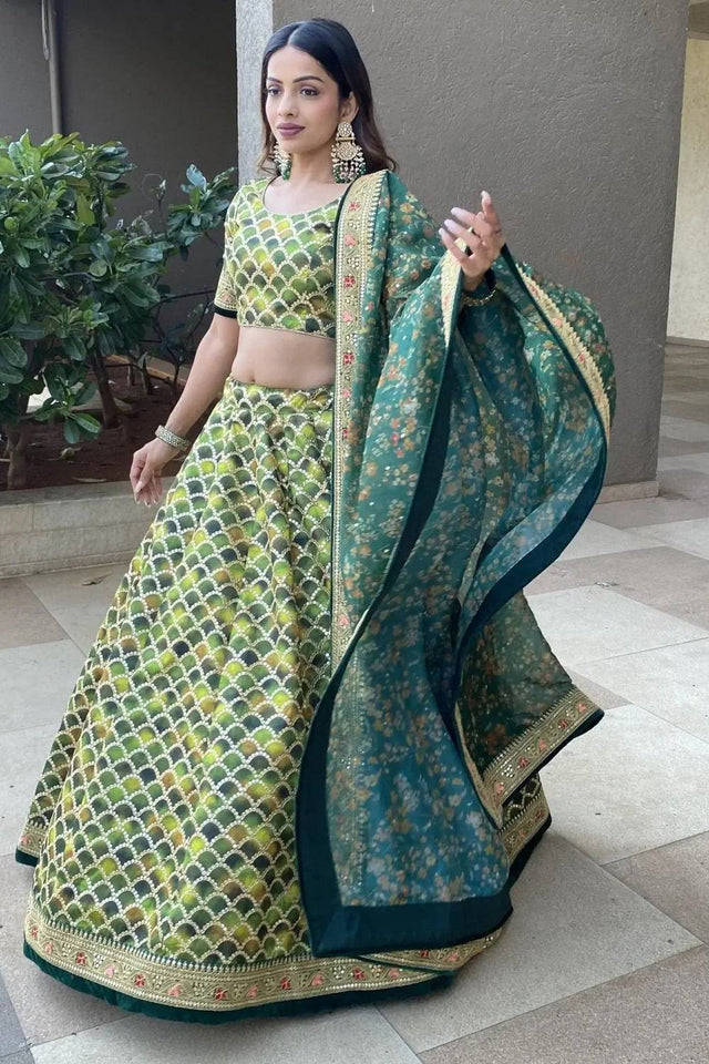 Green Banarasi Silk Lehenga