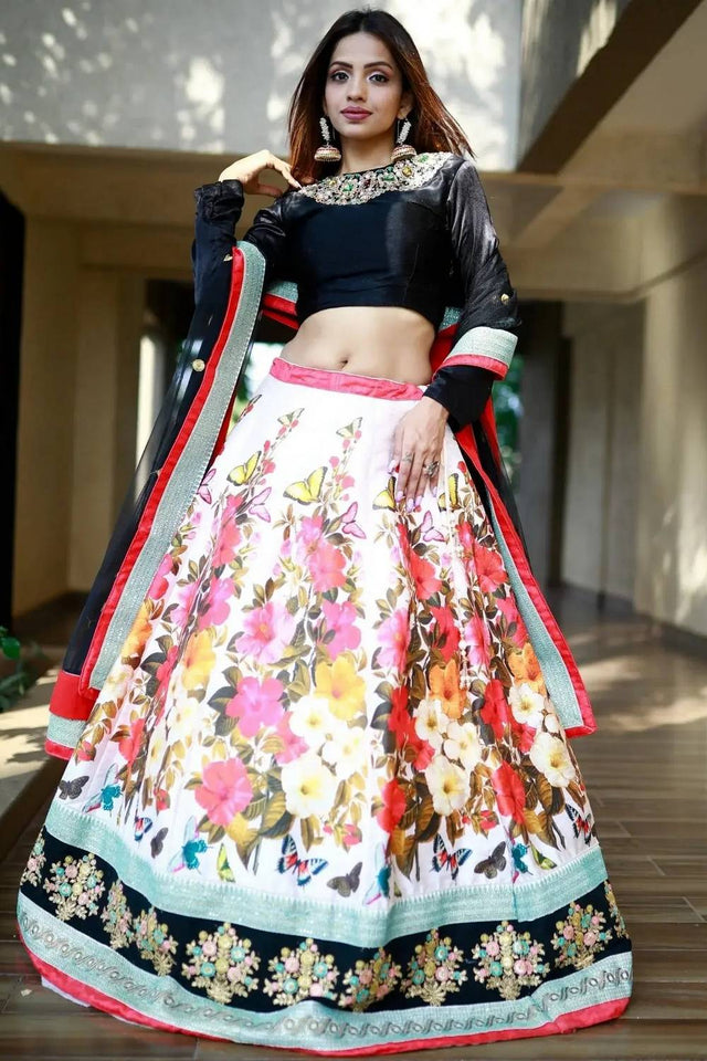 Multi Color Floral Printed Silk Lehenga