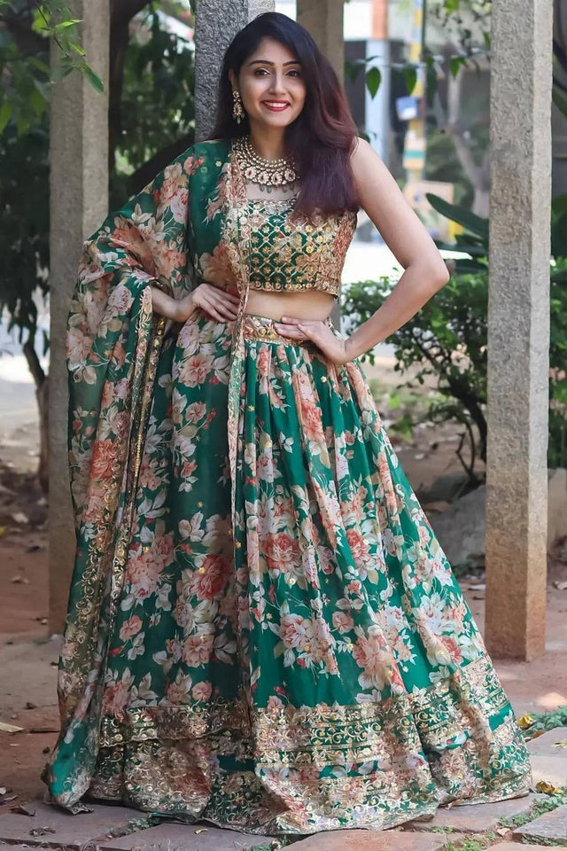 Green Floral Printed Organza Lehenga