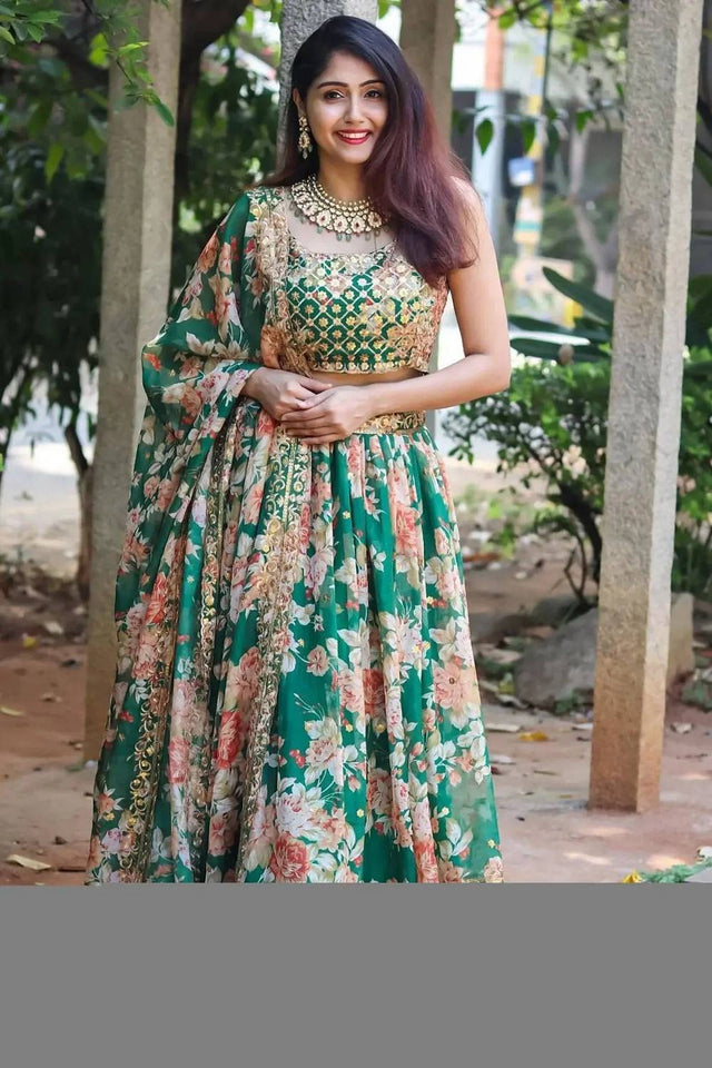 Green Floral Printed Organza Lehenga