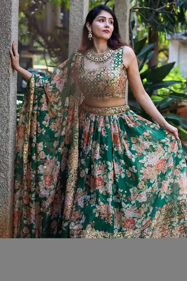 Green Floral Printed Organza Lehenga