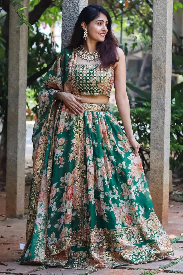 Green Floral Printed Organza Lehenga