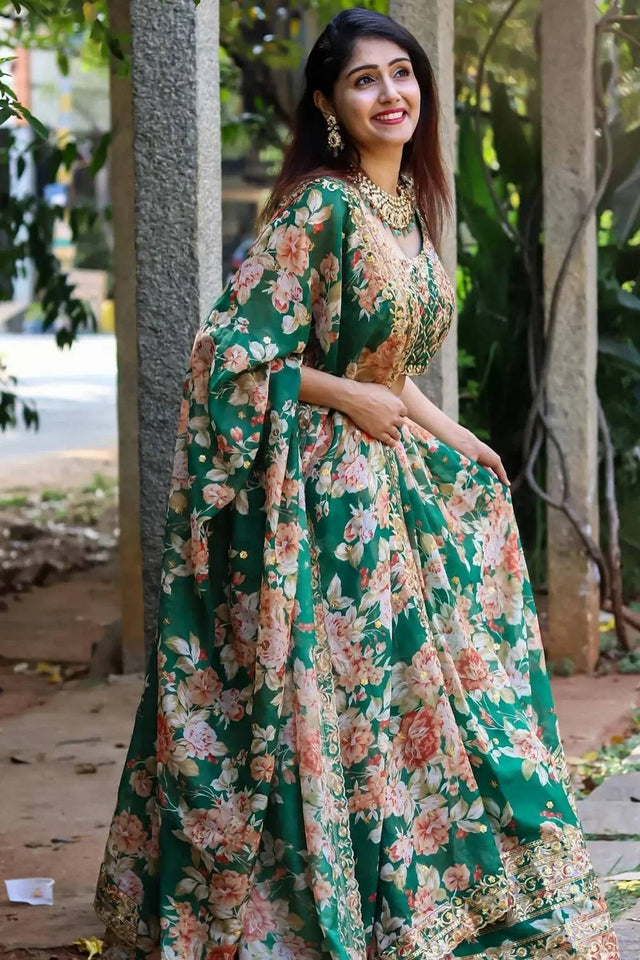 Green Floral Printed Organza Lehenga